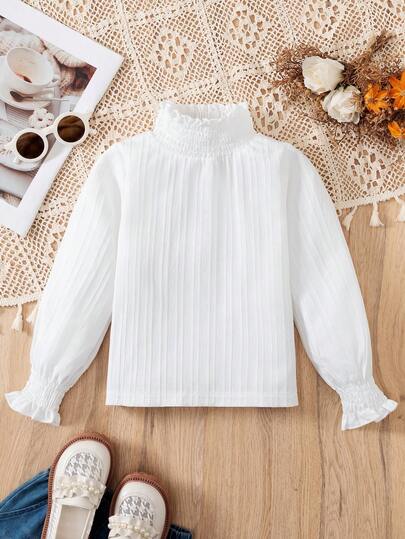 SHEIN Young Girl Frill Trim Flounce Sleeve Mock Neck Blouse