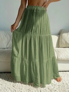 Swim Vcay 女士夏季服装 女士夏季雪纺叠层罩衫带裙，纯色 - 綠色 - 查看 3