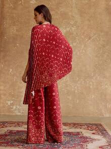 ZEYLAH 女士优雅设计印花褶裥不对称下摆上衣和阔腿裤套装，春秋季 - 紅色 - 查看 3