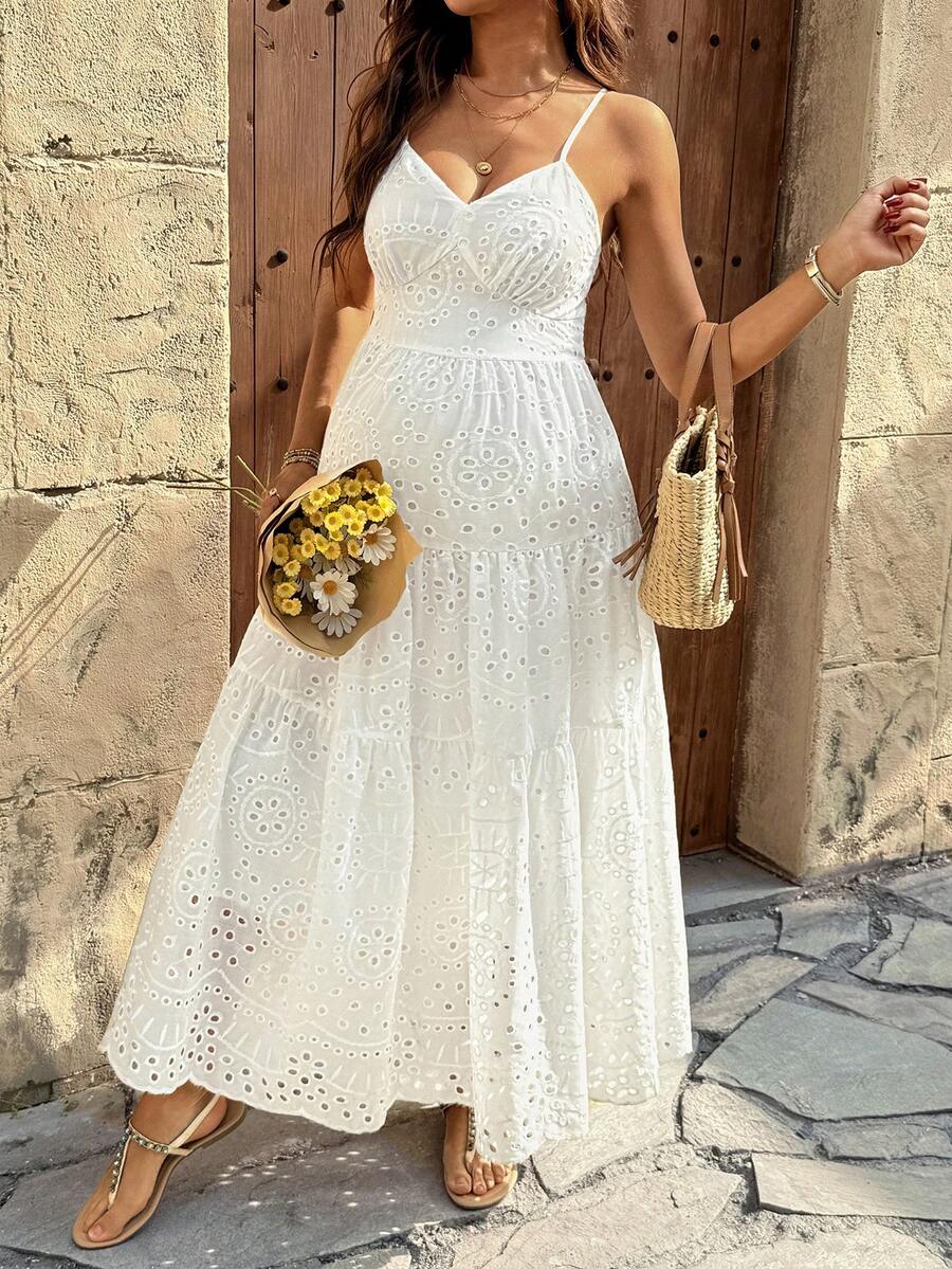 SHEIN Đầm không tay thêu hoa dành cho bà bầu, thời trang cho các bữa tiệc, kỳ nghỉ và những chuyến đi chơi. - trắng - Xem 1