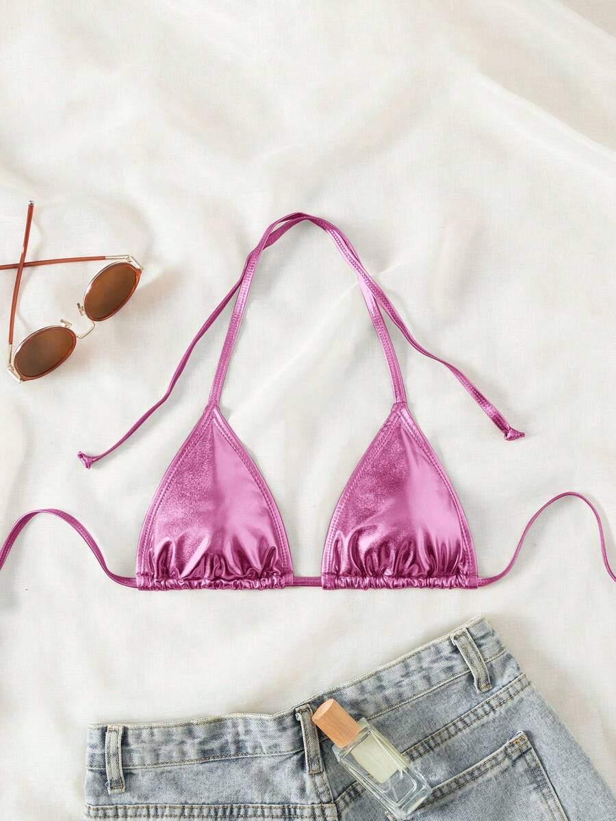 Swim Vcay 女士纯色简约挂脖泳衣上装 - 粉色 - 查看 1