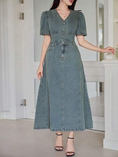 DAZY Women's Casual Washed Puff Sleeve Denim Dress, Summer