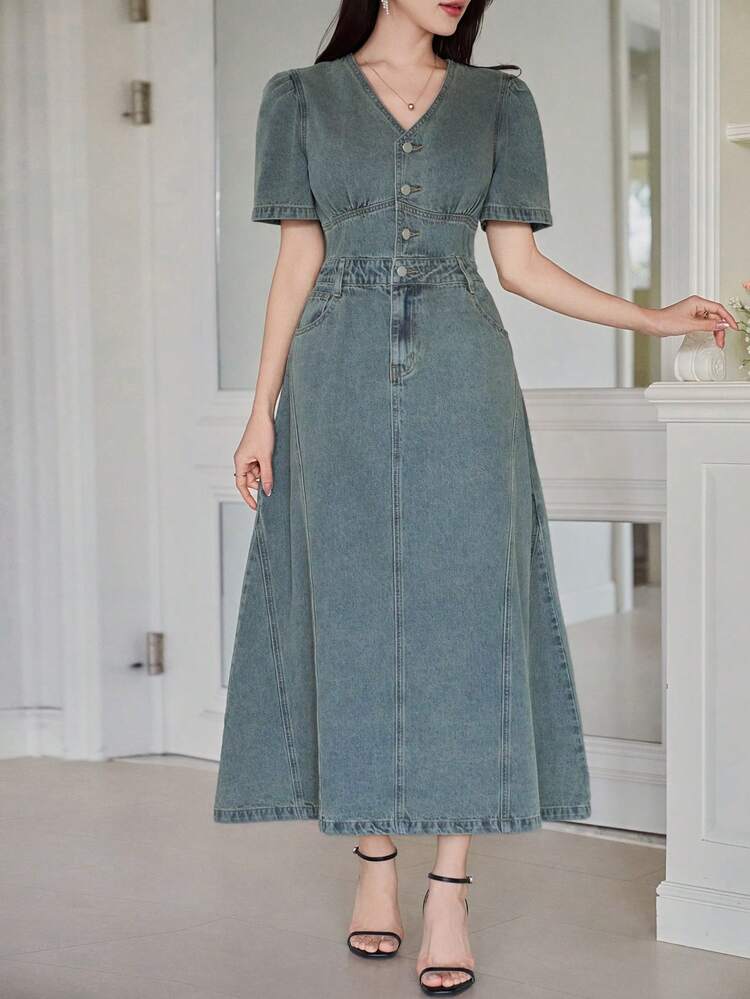 Women's Casual Washed Puff Sleeve Denim Dress, Summer,Wedding Guest Dress Women Maxi Dress