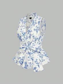 GlowEve Una señora teje una elegante y de moda camisa de verano - Azul - Ver 3