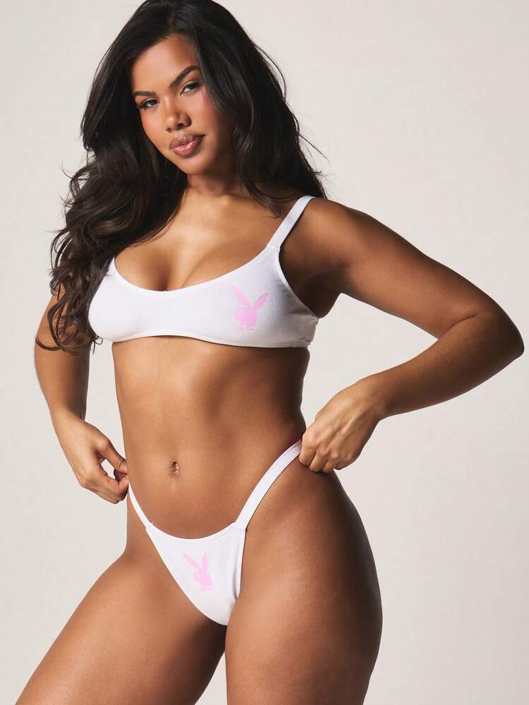 Missguided x Playboy Triangle Bralette Thong Panty Set With Bunny Logo Print Intimate Lingerie Collection For Special Occasions