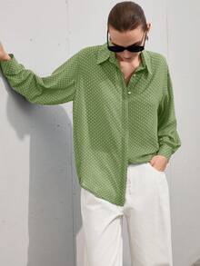 Aveloria Modichic Minimalist All-Match Versatile Black & White Chiffon Polka Dot Sheer Collar Long Sleeve Blouse, Suitable For Spring & Summer - Green - View 3
