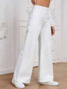 EMERY ROSE Women's All-Match Casual Versatile Elastic Waist Wide Leg Loose Lightweight Dark Blue Woven Regular Denim Pants Spring Summer  Vacation - White - View 3