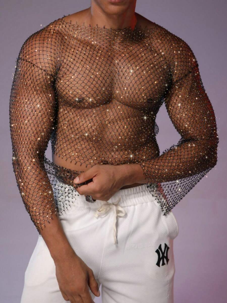 DSELFIQUE Camiseta de manga larga de malla negra transparente y con strass para hombre - Negro - Ver 1