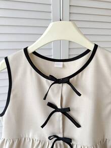 SHEIN Tween女孩春夏休閒都市優雅通勤度假拼接飾邊3D蝴蝶結裝飾開襟上衣 梭織素色上衣 卡其色 - 卡其色 - 查看 5