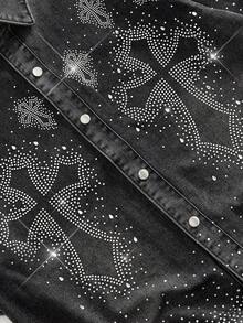 ROMWE MEN Street Life Kemeja Lengan Pendek Denim Washed Kasual Pria, Motif Salib Rhinestone, Musim Panas - Hitam - View 4