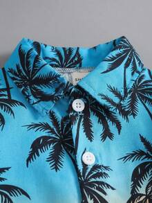 SHEIN Playful Pals 两件套：男婴/幼儿度假绿色热带植物图案渐变日落色短袖衬衫，松紧腰短裤套装。儿童服装。婴儿服装，幼儿衬衫，幼儿短裤，婴儿套装，适合6个月至3岁儿童。 - 藍色 - 查看 5