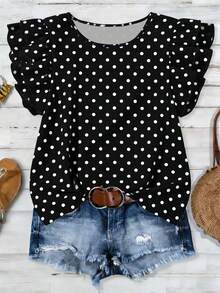 EMERY ROSE Women's Polka Dot Print Round Neck Ruffle Sleeve Casual Versatile T-Shirt, Spring/Summer New Arrival - Multicolor - View 1