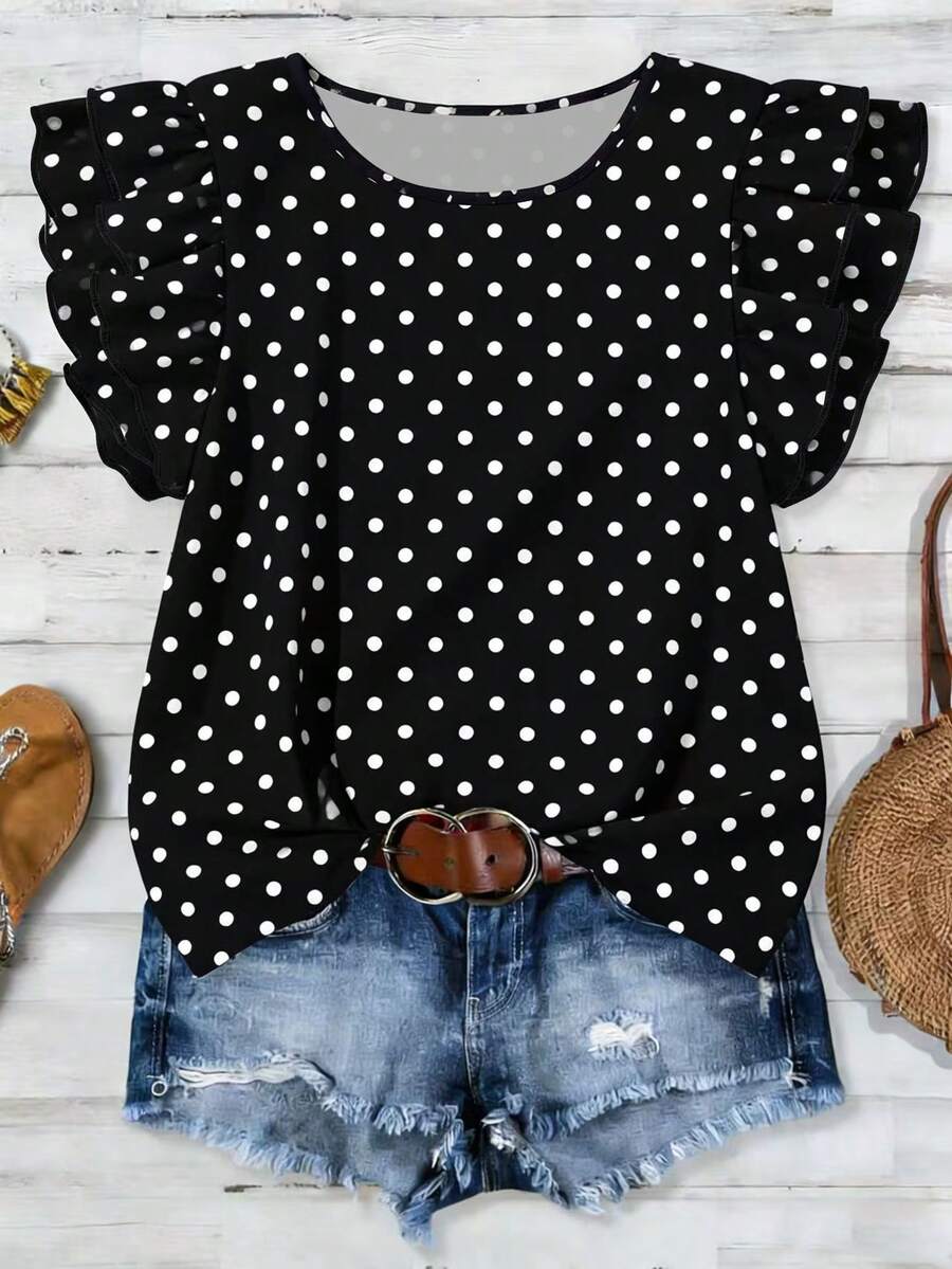 EMERY ROSE Women's Polka Dot Print Round Neck Ruffle Sleeve Casual Versatile T-Shirt, Spring/Summer New Arrival - Multicolor - View 1