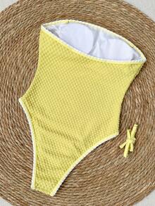 SHEIN Swim 女士优雅休闲可拆卸肩带抹胸连体泳衣，纹理面料时尚撞色设计，适合夏季海滩度假、海滩派对穿着，2026 女士春夏海滩度假连体泳衣 - 綠色 - 查看 2