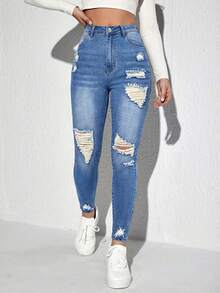 Jeanoix 纯色做旧修身侧袋休闲百搭牛仔裤 - 中等水洗藍 - 查看 3