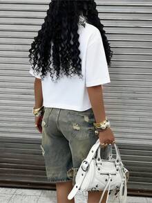 Rovax Women's Collared Zipper Cross Logo Print Casual Versatile Daily Commute Short Sleeve Top - White - View 2