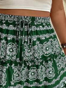 EMERY ROSE 大码女式假日休闲印花系腰半身裙 - 墨綠色 - 查看 7