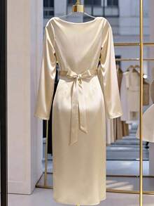 Lyxana Surplice Neck Ruched Wrap Hem Satin Dress Zanea Dress For Woman Yisikado Dress Elegant Dress - Champagne - View 2