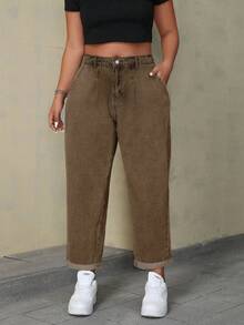 SHEIN ICON Plus Size Solid Color Casual Loose Fit Pockets Versatile Daily Wear Jeans - Brown - View 6