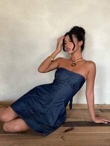 Aloruh 女士露背系带褶皱下摆牛仔吊带裙 - 藍色 - 查看 6