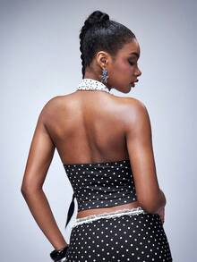 Y2Kool Vecteezy Women's Contrast Polka Dot Print Deep V Neck Cropped Halter Top - Black and White - View 2