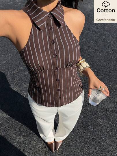 Siren Gaze Women's Striped Print Front Button Fitted Sleeveless Top