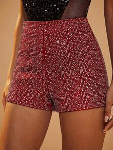 Hauture Allover Rhinestone High Waist Shorts - Red - View 8