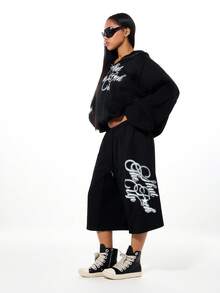 SUMWON WOMEN 黑色阔腿运动裤，饰有字母印花，抽绳腰带，七分裤长，休闲居家服，舒适宽松版型，日常街头风 - 黑色 - 查看 5