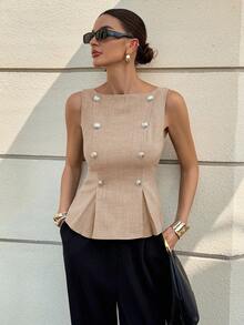 Siren Gaze Women's Solid Color Button Decorated Sleeveless Blouse,Summer Top - Apricot - View 3