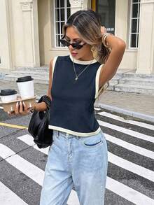 Serisse Áo len không tay buộc dây phối màu tương phản dành cho nữ - Màu xanh hải quân - Xem 4