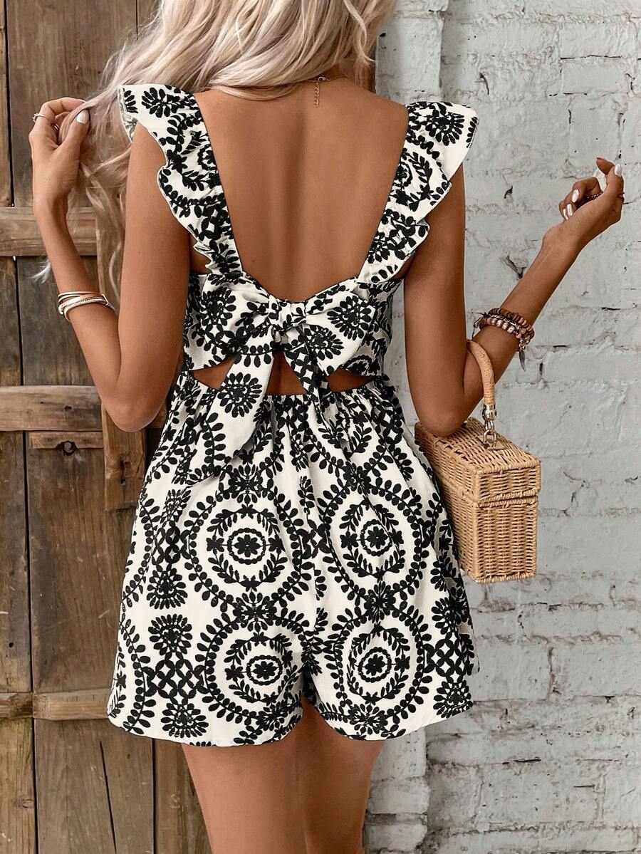 SHEIN Frenchy Women's Vacation Plant Print Tie Back Design Ruffle Hem Romper - Multicolor - View 1