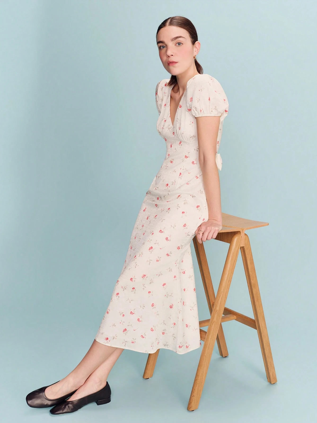 White Tie Waist Satin Woven Maxi Dress With Mini Rose Print And Puff Sleeve Vintage Dress Spring Summer Vacation French Style Parisian Style