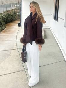 Sydney Algeri Fashionable Fuzzy Cuff Coffee Color Overcoat, Autumn/Winter,Fall - Coffee Brown - View 6