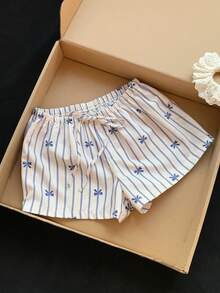 Comfortcana 2026新款春夏时尚女式抽绳腰带条纹蝴蝶结印花休闲短裤，适合日常穿着，夏季女式沙滩短裤，海滩度假女装，2000年代风格 - 彩色 - 查看 5