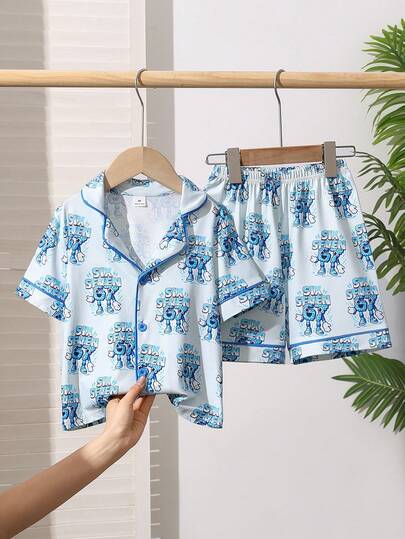 2pcs Toddler Boys' Fashionable Casual Comfortable Soft Skin-Friendly Blue English Number Cartoon Print Knitted Flame Retardant Short Sleeve Top And Shorts Pajama Set