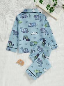 2pcs Young BoyCute Abstract Dinosaur Car Print Long Sleeve Collared Cardigan And Pants Set, Casual Loose Comfortable Loungewear - Multicolor - View 2