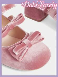 Dola Lovely 女士甜美粉色天鹅绒圆头高跟鞋，粉色蝴蝶结系带低跟鞋，洛丽塔风格可爱柔软休闲约会鞋 - 粉色 - 查看 4