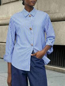 Maija 女士休闲条纹长袖衬衫，适合外出、通勤或日常社交场合。舒适百搭，毕业季女士休闲衬衫之选。 - 藍色 - 查看 2