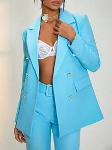 RueChic Bộ vest nữ màu xanh nhạt hai hàng cúc với ve áo xẻ và khuy trang trí, kết hợp với quần ống đứng cạp cao. - Màu xanh nhạt - Xem 4