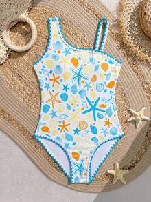 Traje de baño de una pieza con cuello asimétrico y estampado de estrella de mar para niña preadolescente - Multicolor - Ver 3