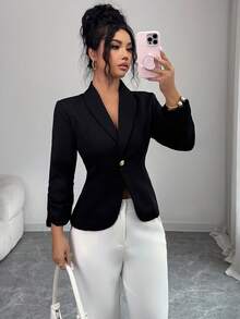 Elenzga Elegant Rose Gold Metal Button Waist Cinched Shawl Neck Black Long Sleeve Women Thin Blazer - Black - View 4