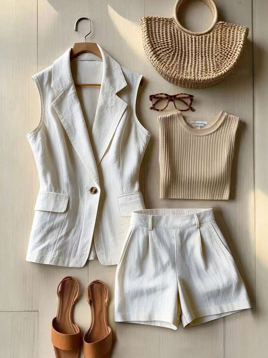 Franclia 时尚简约翻领无袖马甲，配假口袋和纽扣，修身高腰商务通勤职业女装套装 - 杏色 - 查看 1