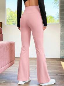 SHEIN EZwear 女士休闲高腰喇叭粉色长裤，春夏款 - 粉色 - 查看 2