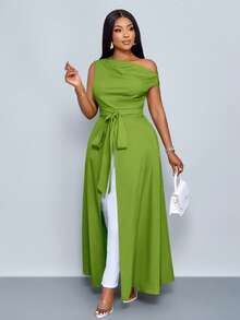 SOLERSUN Áo kiểu nữ cỡ lớn cổ lệch, xẻ đùi, buộc dây phía trước, một vai. - Màu xanh Ô liu - Xem 4