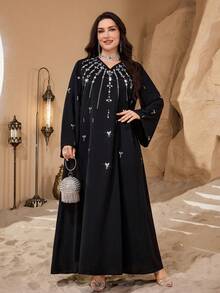 Al Najma Vestido holgado con cuello en V, manga larga y adornos de strass, de tela brillante y cómoda, adecuado para mujeres de talla grande - Negro - Ver 5