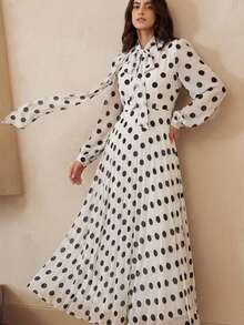 Aveloria Rosie 法式浪漫荷叶边波点腰部连衣裙，长袖，随机印花 - 白色 - 查看 4