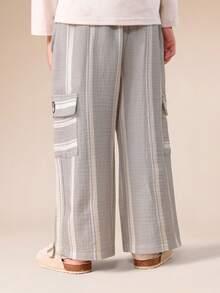 SUMWON Boys Striped Wide Leg Cargo Pants With Side Pockets Casual Comfortable Cotton Linen Feel Elastic Waist Summer Spring Lightweight Breathable Full Length Trouser - Black - View 2