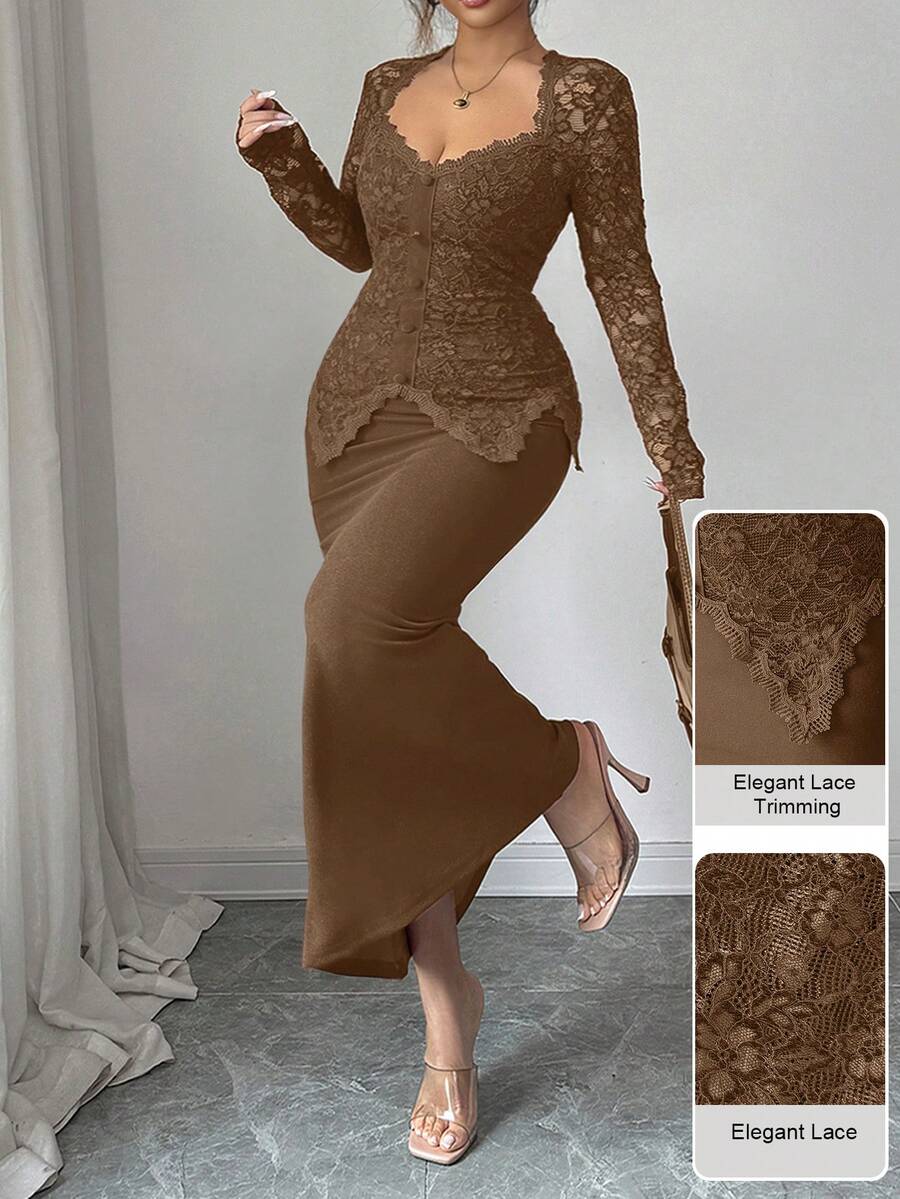 Modelyn Square Neck Lace Patchwork Button Waist Fitted Plus Size Dress For Women Fall - Brown - View 1
