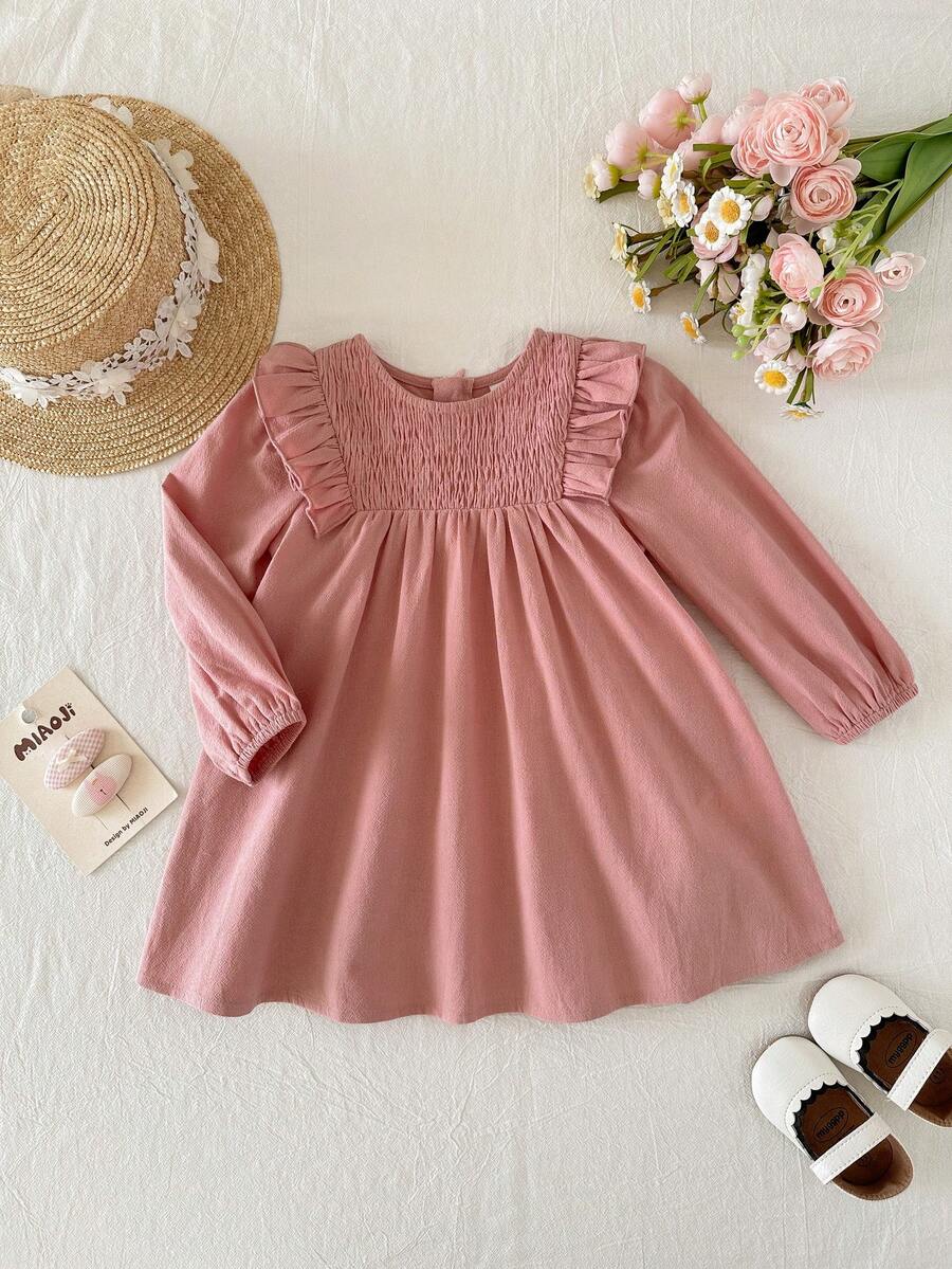 女婴宽松碎花长袖连衣裙，度假风 - 粉色 - 查看 1