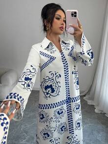 Al Najma 女士宽松印花长袖阿拉伯风格连衣裙 - 藍色 - 查看 4